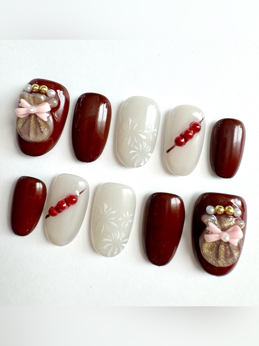 Brown & Burgundy Press-On Nail Set with 3D Red Bead Accents
